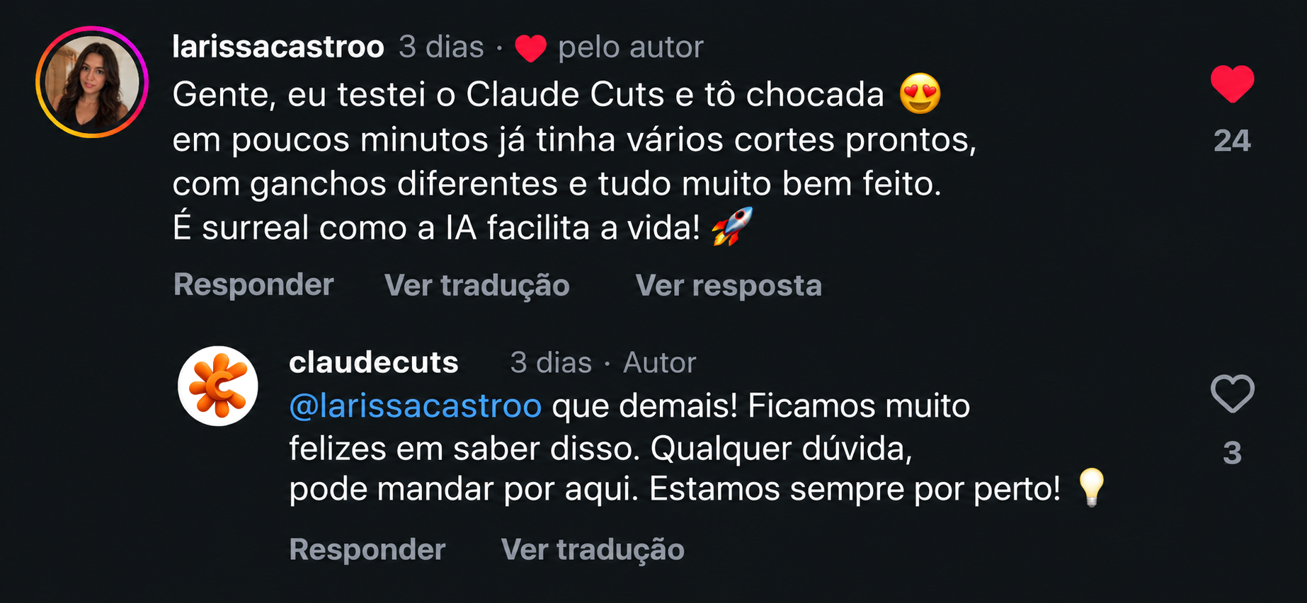 Comentário da aluna larissacastroo sobre o ClaudeCuts