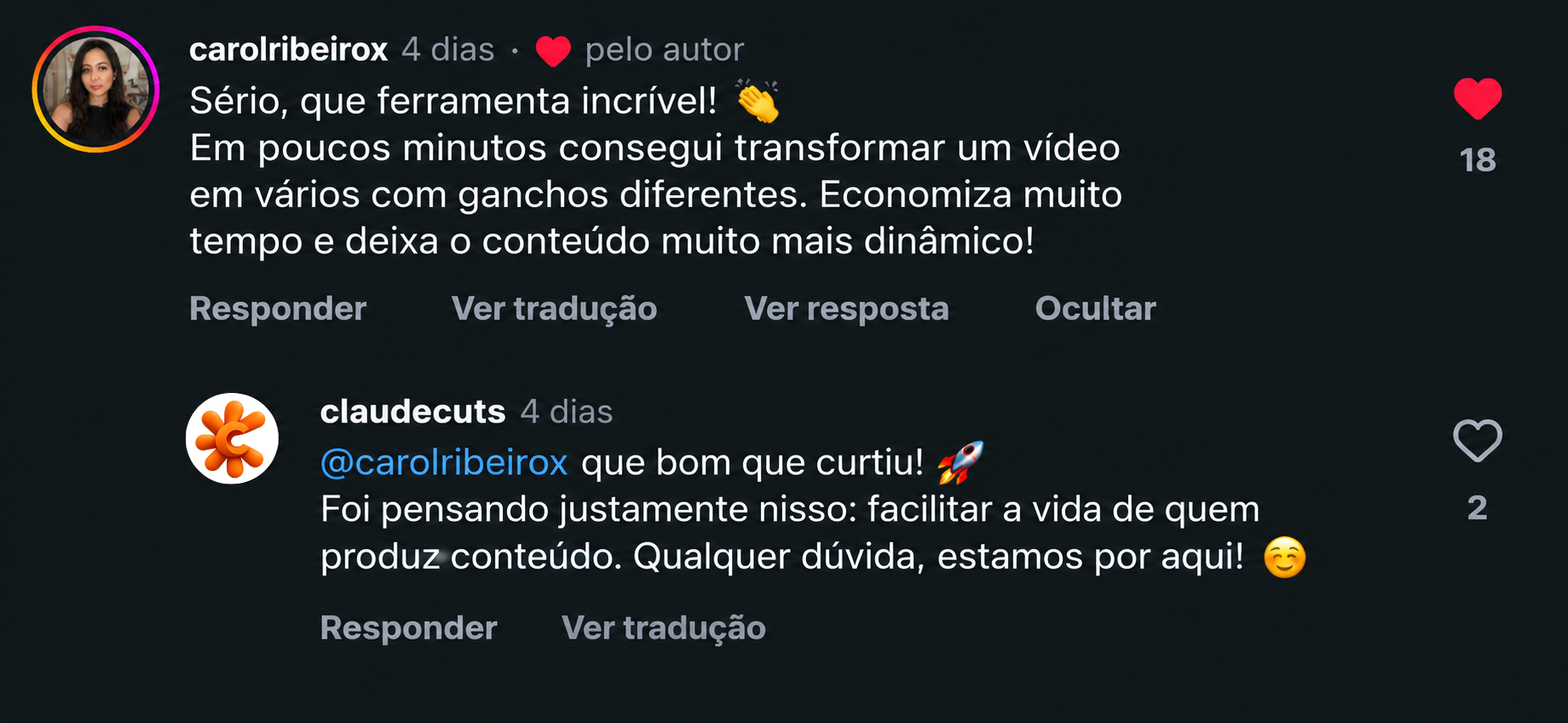 Comentário da aluna carolribeirox sobre o ClaudeCuts