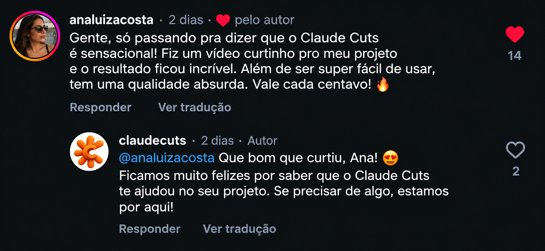 Comentário da aluna analuizacosta sobre o ClaudeCuts