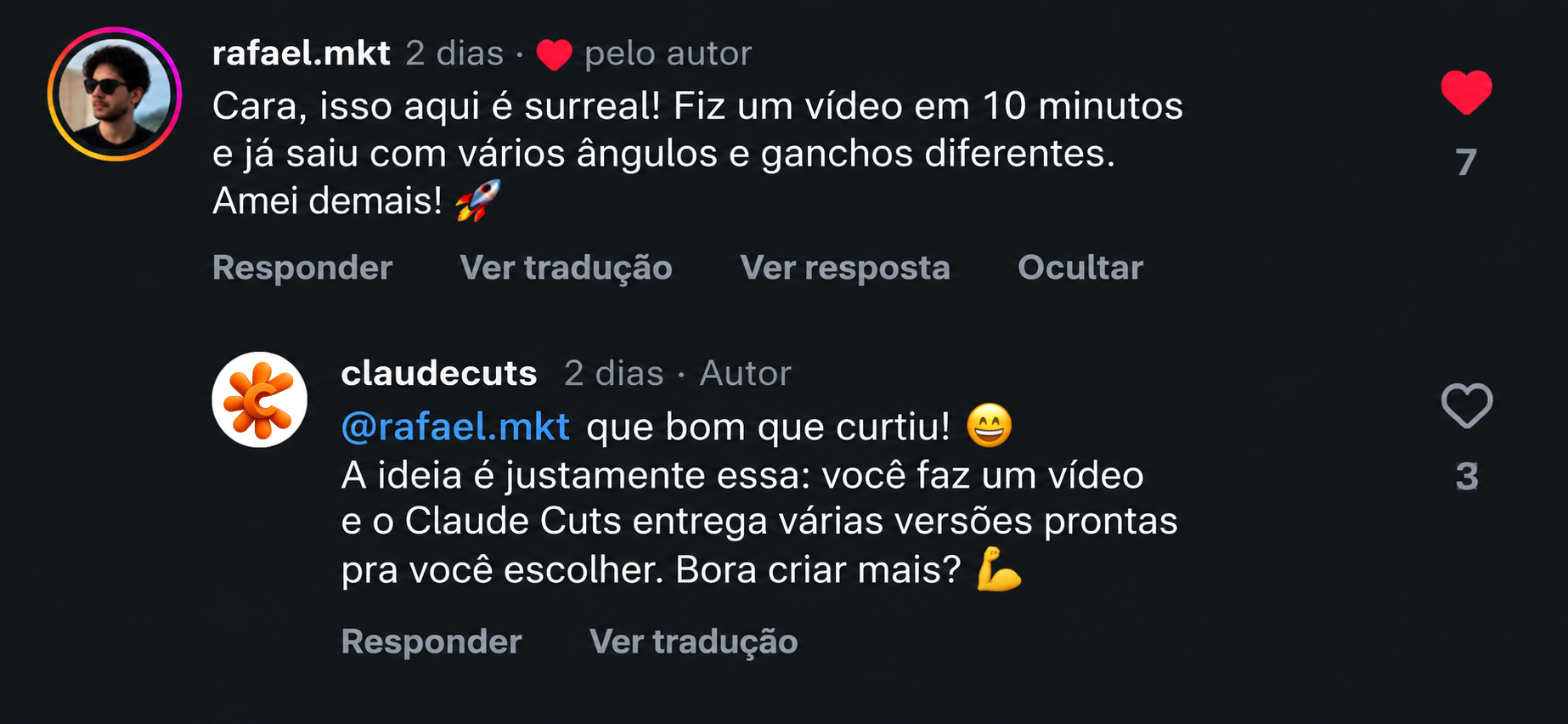 Comentário do aluno rafael.mkt sobre o ClaudeCuts